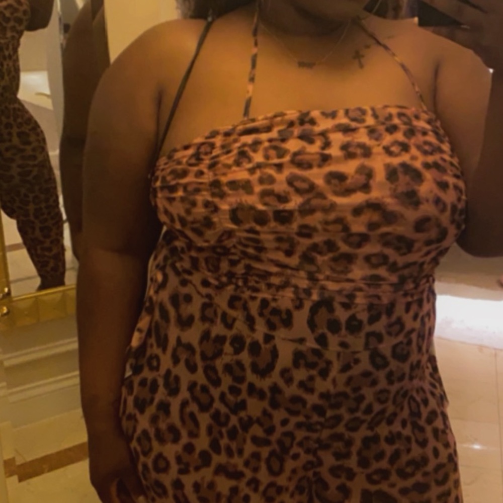 Plus Leopard Print Ruched Ruffle Trim Halter Neck Unitard Jumpsuit - Picture 2 of 3